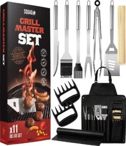Squago BBQ Accessoires XXL Set Avec Tablier - Set D'outils Avec Pinces Brush Mat