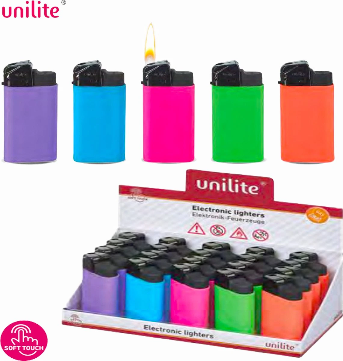 Briquets 20 Pièces Dans Un Présentoir - Rechargeables - Briquets Soft Touch - Briquet Unilite Click 3 Briquets 20 Pièces Dans Un Présentoir - Rechargeables - Briquets Soft Touch - Briquet Unilite Click