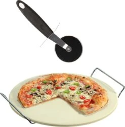 Pierre à Pizza En Céramique Ronde 33 Cm Avec Poignées - Avec Coupe-pizza 19 Cm - Pierre à Pizza Pour BBQ/ Four