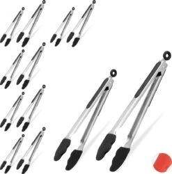 Relaxdays 12 X Pinces à Barbecue En Silicone - Pinces à Viande - Pinces De Cuisine - Acier Inoxydable - Pinces à Barbecue - Noir
