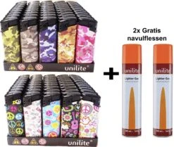 100 Pièces Briquets Rechargeables - Marque Unilite Elektronik Briquet Clic - Avec Impression + 2 Bouteilles De Gaz Gratuites