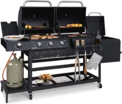 Klarstein Kingsville Double - Combi Fumoir à Charbon & Barbecue à Gaz 13,5kW - 3+1 Brûleurs - 2 Surfaces De Barbecue En Fonte -Magasin D'Accessoires Pour Barbecue 1200x1020