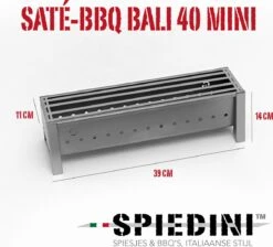 Spiedini Saté-bbq Bali 40 Mini - Petit Barbecue à Charbon étroit Avec Grille Horizontale Pour Satay Ou Autres Brochettes - 40 Cm De Long, 11 Cm De Large, 14 Cm De Haut - Idéal Pour Jardin Ou Cheminée, Ou Balcon - Matériau : Fer Aluminisé -Magasin D'Accessoires Pour Barbecue 1200x1086