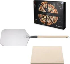 Navaris XL Pour Four Et Barbecue - Plaque à Pizza Rectangulaire 38 X 30 Cm - Y Compris Pelle à Pizza Avec Manche Extra-long - Céramique émaillée