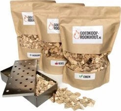 Paquet De Copeaux De Fumée Avec Boîte De Fumage - Hickory, Merisier & Chêne - 1,5 KG - Paquet De Bois De Fumée