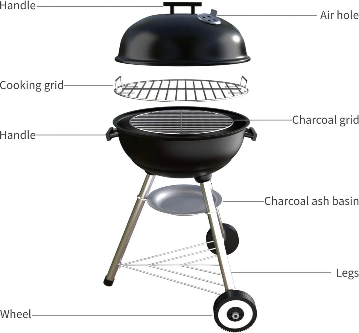 Barbecue à Charbon De Bois Bouilloire Barbecue Grill Rond Avec Couvercle Grill Avec Roues Et Poignée Grille De Support En émail Zwart Pour BBQ Camping Jardin Balcon Etc. 5 Barbecue à Charbon De Bois Bouilloire Barbecue Grill Rond Avec Couvercle Grill Avec Roues Et Poignée Grille De Support En émail Zwart Pour BBQ Camping Jardin Balcon Etc. – Image 3