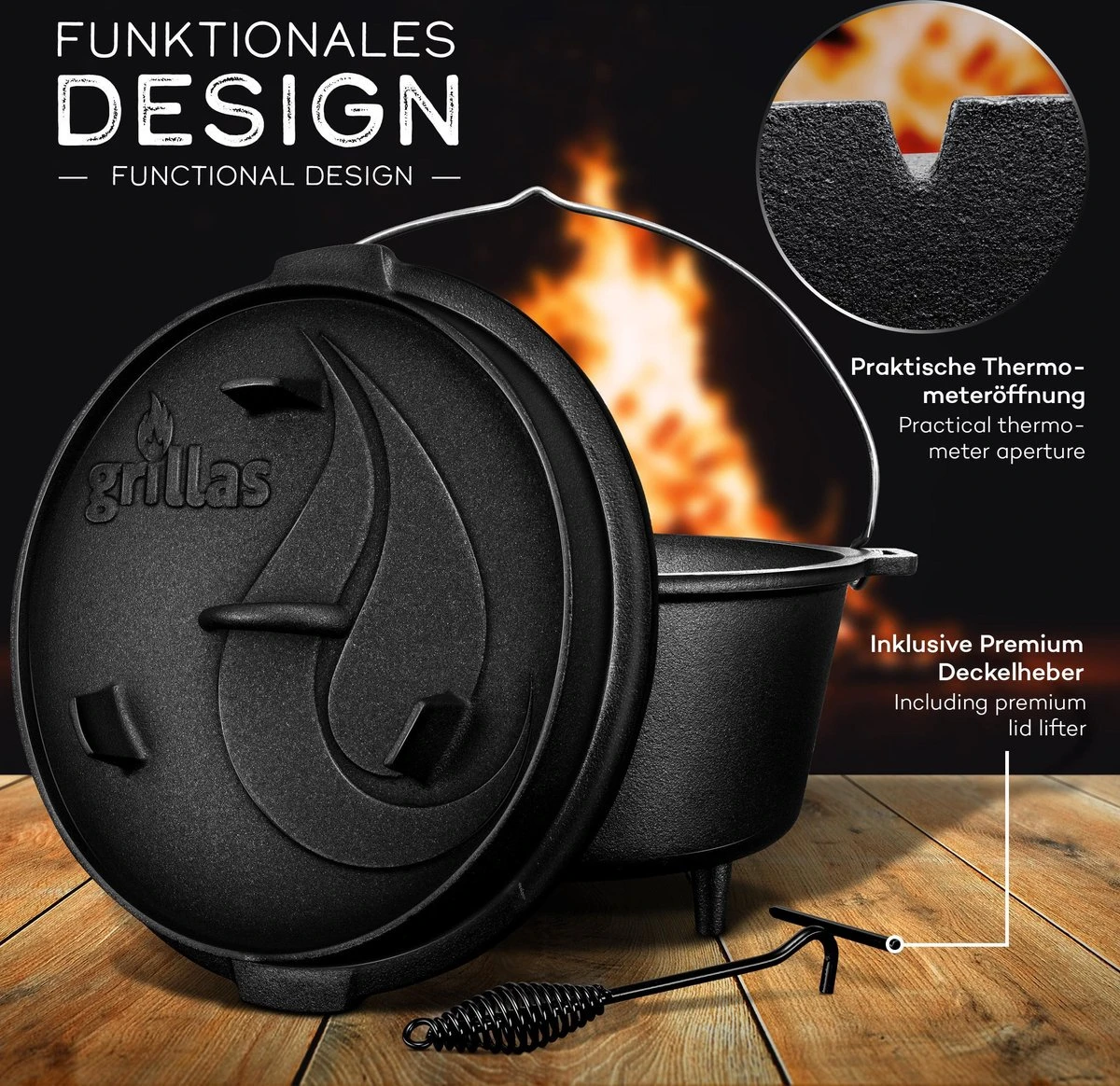 Grillas- Faitout, 4.2L, Poêle à BBQ , Fonte, Avec Pieds 6 Grillas- Faitout, 4.2L, Poêle à BBQ , Fonte, Avec Pieds – Image 4