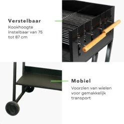 BBQ Rectangulaire Cheqo® - Barbecue Sur Roues - Charbon De Bois - 82x47x90cm - Hauteur De Cuisson Réglable 75-87cm - Surface De Cuisson 59x41cm - Avec Paravent - Mobile -Magasin D'Accessoires Pour Barbecue 1200x1200 100