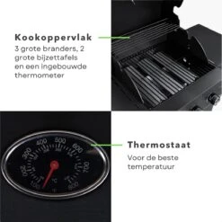 Barbecue à Gaz Cheqo® Avec Brûleurs - BQQ - 106 X 53 X H102 Cm - Mobile De Cuisine D'extérieur - 2 Tables D'appoint - Thermomètre - Métal Enduit De Poudre - 14,7 Kg - Sans Tuyau Ni Régulateur De Pression - Titre Par Défaut -Magasin D'Accessoires Pour Barbecue 1200x1200 129