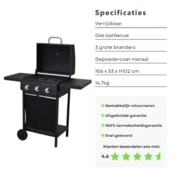 Barbecue à Gaz Cheqo® Avec Brûleurs - BQQ - 106 X 53 X H102 Cm - Mobile De Cuisine D'extérieur - 2 Tables D'appoint - Thermomètre - Métal Enduit De Poudre - 14,7 Kg - Sans Tuyau Ni Régulateur De Pression - Titre Par Défaut -Magasin D'Accessoires Pour Barbecue 1200x1200 131