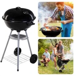 Kogelbarbecue Cheqo® - Ø46 Cm - BBQ Rond En Métal - Pour Charbon De Bois & Briquettes - 2 Grandes Roues - Étagère De Rangement Chromée - Hauteur De Cuisson 78cm - Plaque De Collecte - Poids 5kg - Homologation GS/TÜV - Barbecue