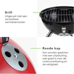 Cheqo® Kogelbarbecue - BBQ à Charbon De Bois - Barbecue - Barbecue De Table - Rouge - Ø 32cm - Surface De Cuisson 30cm - Grille De Ventilation Réglable - Capot Rond Verrouillable -Magasin D'Accessoires Pour Barbecue 1200x1200 323