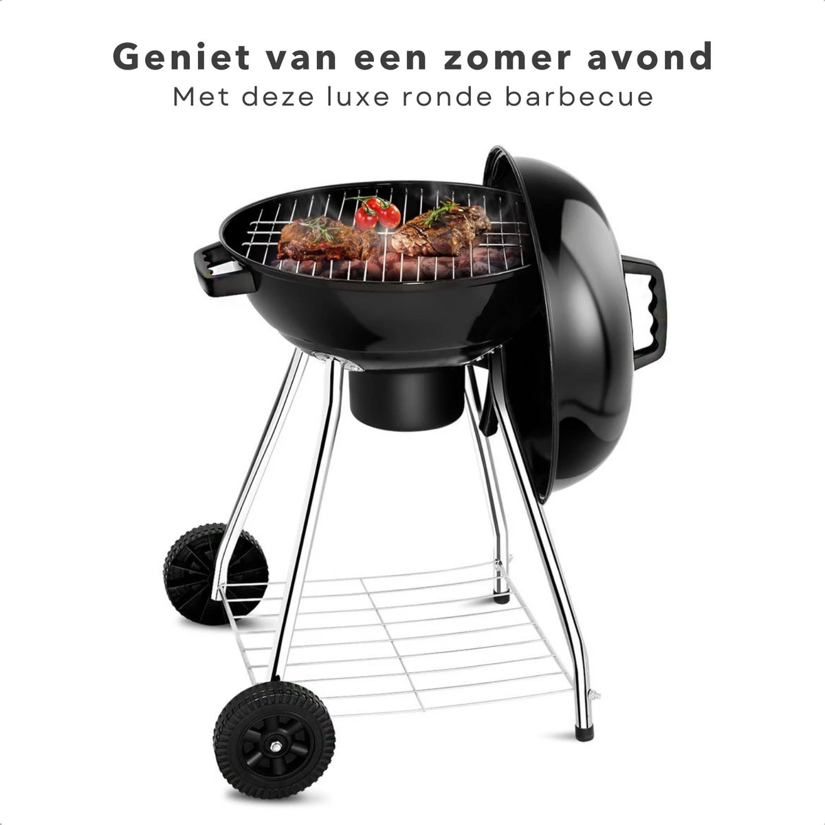 Barbecue à Charbon De Bois Rond De Luxe Cheqo® - Grille De Cuisson 45 Cm - 2 Roues - Support De Rangement Chromé - 82x54x54cm - BBQ 7 Barbecue à Charbon De Bois Rond De Luxe Cheqo® - Grille De Cuisson 45 Cm - 2 Roues - Support De Rangement Chromé - 82x54x54cm - BBQ – Image 5