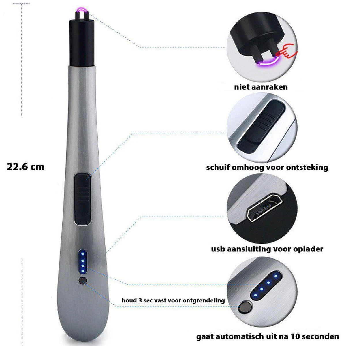 Briquet électrique Long Rechargeable - Argent - Briquet à Plasma Durable - Emballage Cadeau Inclus - BBQ - Bougies 4 Briquet électrique Long Rechargeable - Argent - Briquet à Plasma Durable - Emballage Cadeau Inclus - BBQ - Bougies – Image 2