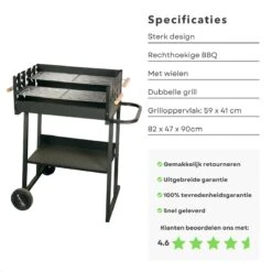 BBQ Rectangulaire Cheqo® - Barbecue Sur Roues - Charbon De Bois - 82x47x90cm - Hauteur De Cuisson Réglable 75-87cm - Surface De Cuisson 59x41cm - Avec Paravent - Mobile -Magasin D'Accessoires Pour Barbecue 1200x1200 98