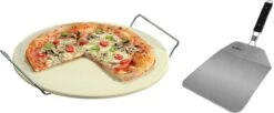 Pierre à Pizza En Céramique Ronde 33 Cm Avec Poignées - Avec Pelle à Pizza En Acier Inoxydable Pliante 25 Cm - Pierre à Pizza Pour BBQ/ Four
