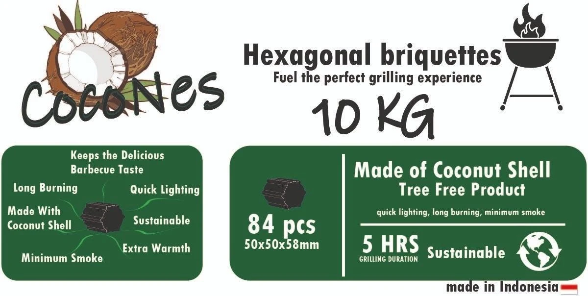 Briquettes De Noix De Coco 10 KG - Briquettes Hexagonales - Briquettes De Noix De Coco - BBQ 3 Briquettes De Noix De Coco 10 KG - Briquettes Hexagonales - Briquettes De Noix De Coco - BBQ