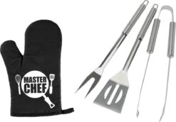 Ensemble D'outils Pour BBQ/ Barbecue 3 Pièces En Acier Inoxydable - Avec Gant De BBQ Masterchef - Cadeau Papa / Vaderdag