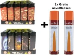 Briquets 100 Pièces - Unilite - Briquet Clic De Haute Qualité - Rechargeable - Imprimé Dragon Et Univers - Avec 2x Bouteilles De Gaz
